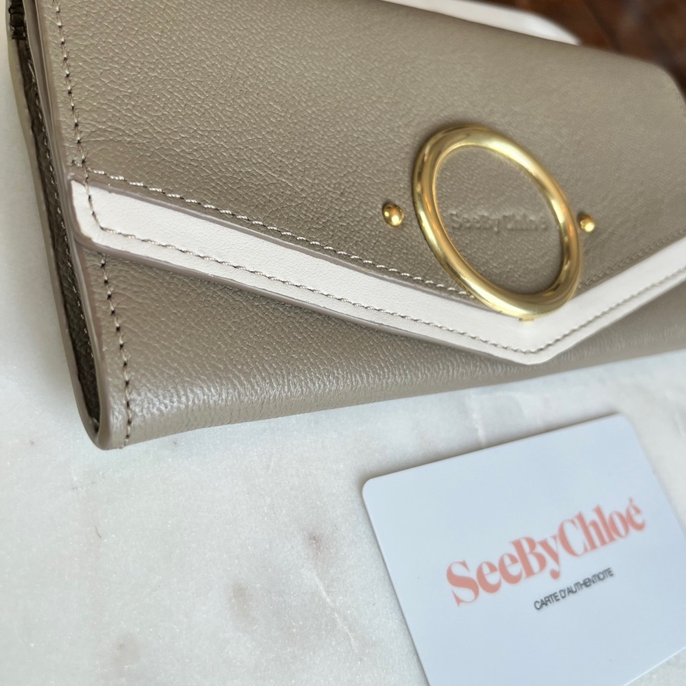 See By Chloe’ Aura Taupe and Off-White Long Leather Flap Wallet w/COA Card -NWOT - Picture 7 of 15